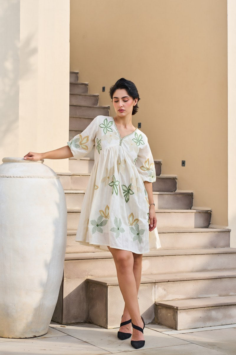 Olive Breeze Cotton Embroidered Short Dress 