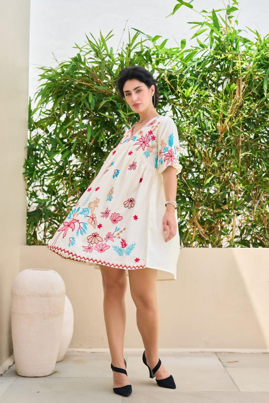 Tropical Bloom Cotton Embroidered Short Dress