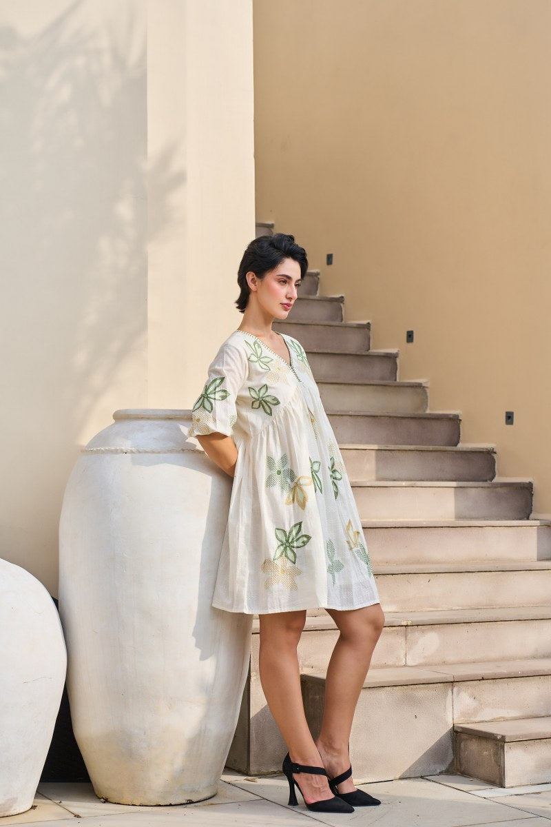 Olive Breeze Cotton Embroidered Short Dress 