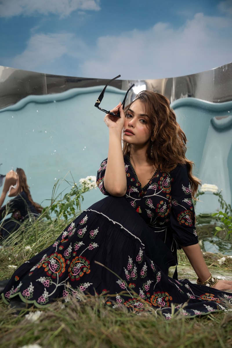 Midnight Reverie Cotton Embroidered Dress