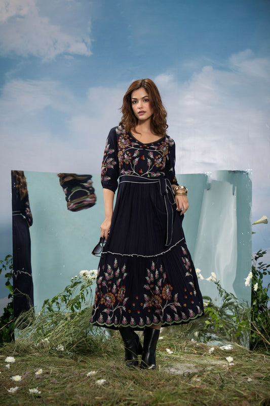 Midnight Reverie Cotton Embroidered Dress