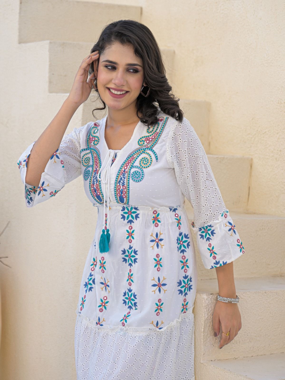 Mediterranean Breeze Cotton Embroidered Dress