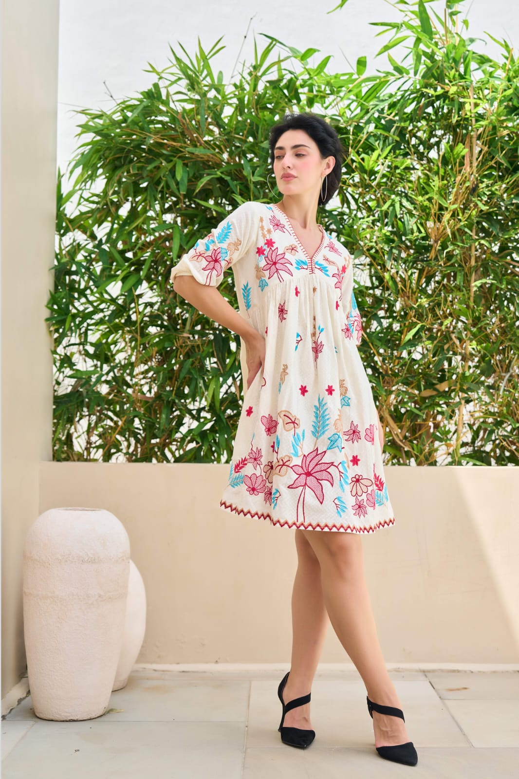 Tropical Bloom Cotton Embroidered Short Dress