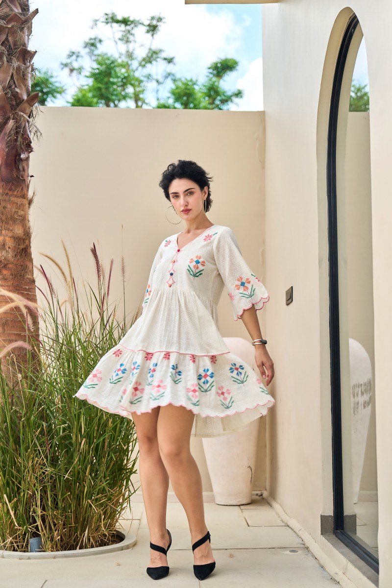 Meadow Charm Cotton Embroidered Short Dress