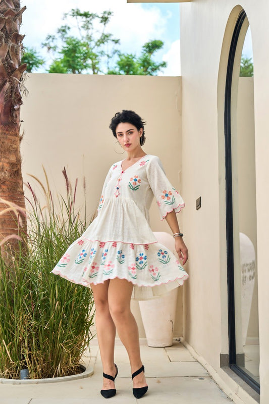 Meadow Charm Cotton Embroidered Short Dress