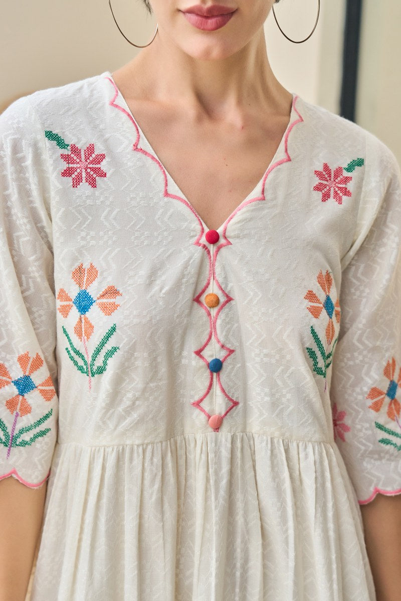 Meadow Charm Cotton Embroidered Short Dress