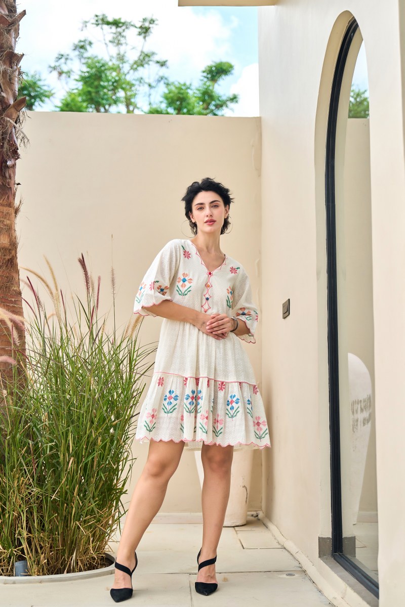 Meadow Charm Cotton Embroidered Short Dress